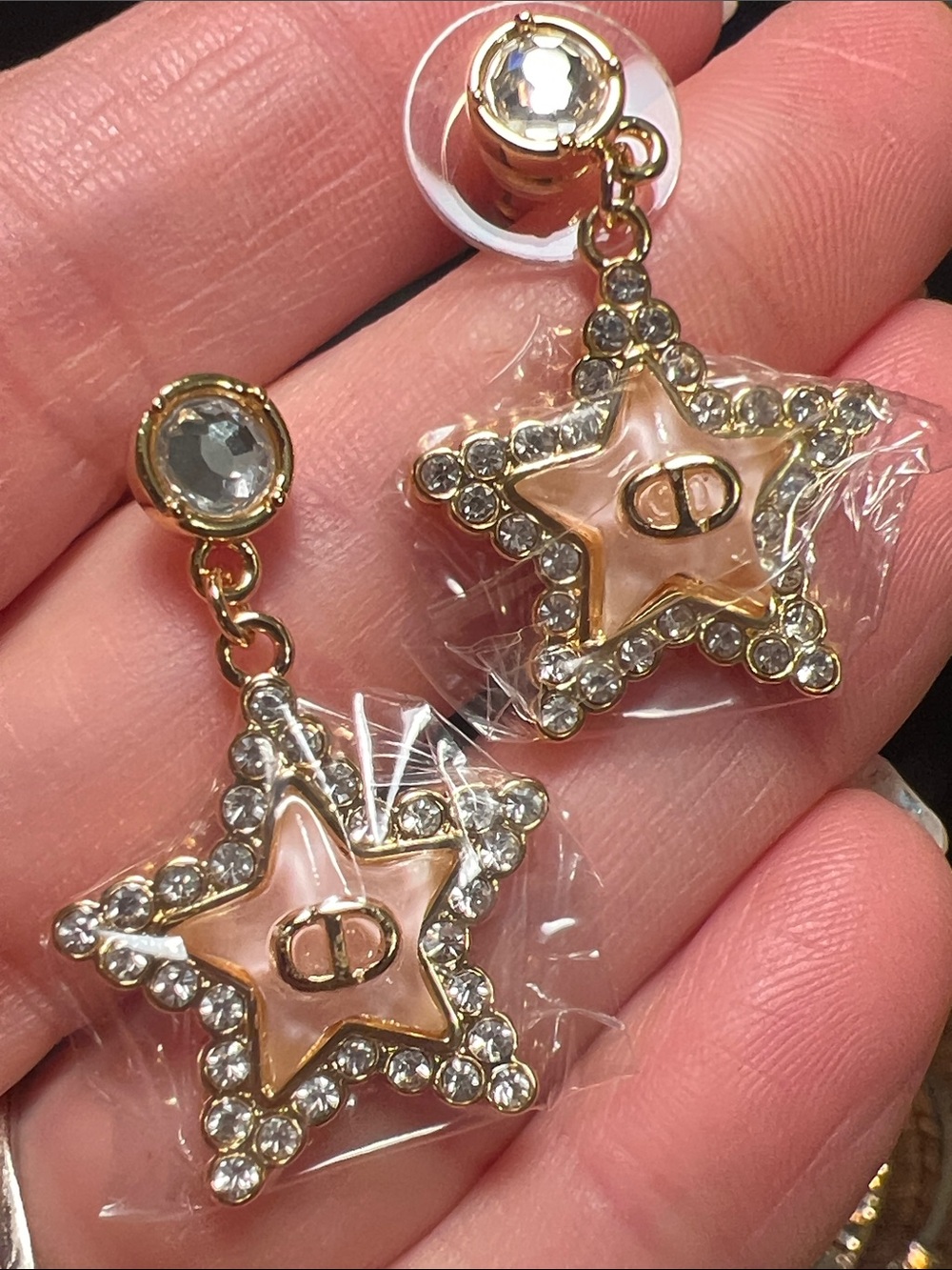 Gold-Tone Pink Star Drop Earrings with Crystal Halo